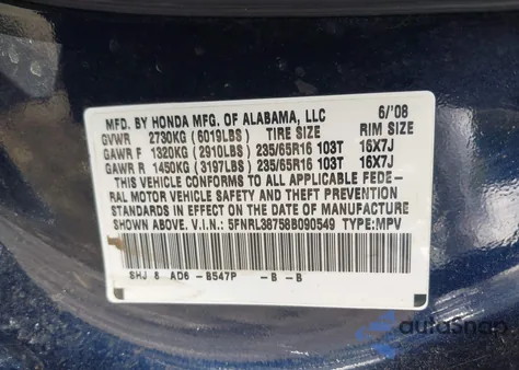 2008 Honda Odyssey Ex-L from USA, damaged, VIN 5FNRL38758B090549